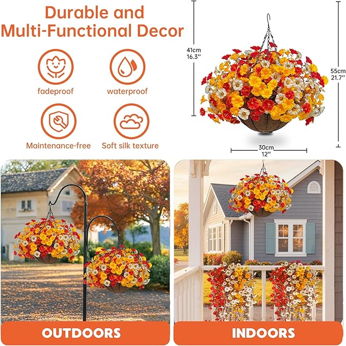 Artificial Fall Flowers with Hanging Baskets Outdoors, Faux mums for Outdoor planters, Fake Mums Petunia Artificial Hanging Plants UV Resistant for Autumn Porch Garden Home Yard Decor (Early Harvest)