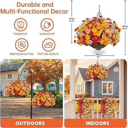 Artificial Fall Flowers with Hanging Baskets Outdoors, Faux mums for Outdoor planters, Fake Mums Petunia Artificial Hanging Plants UV Resistant for Autumn Porch Garden Home Yard Decor (Early Harvest)