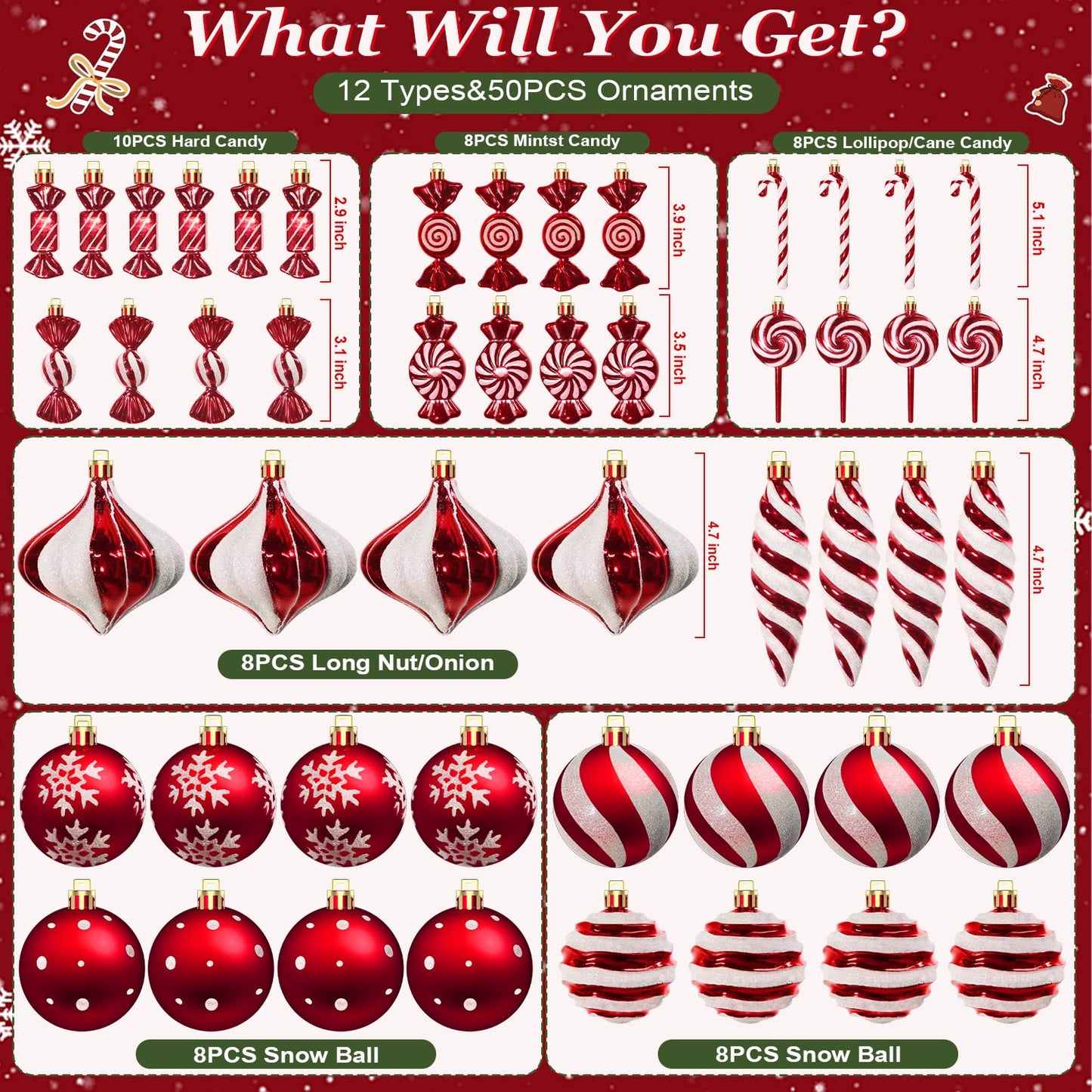 50PCS Christmas Ball Ornaments Candy Lollipop Set, Xmas Decoration Hanging Gloss Candy Canes Ball Pendants - Red Candy