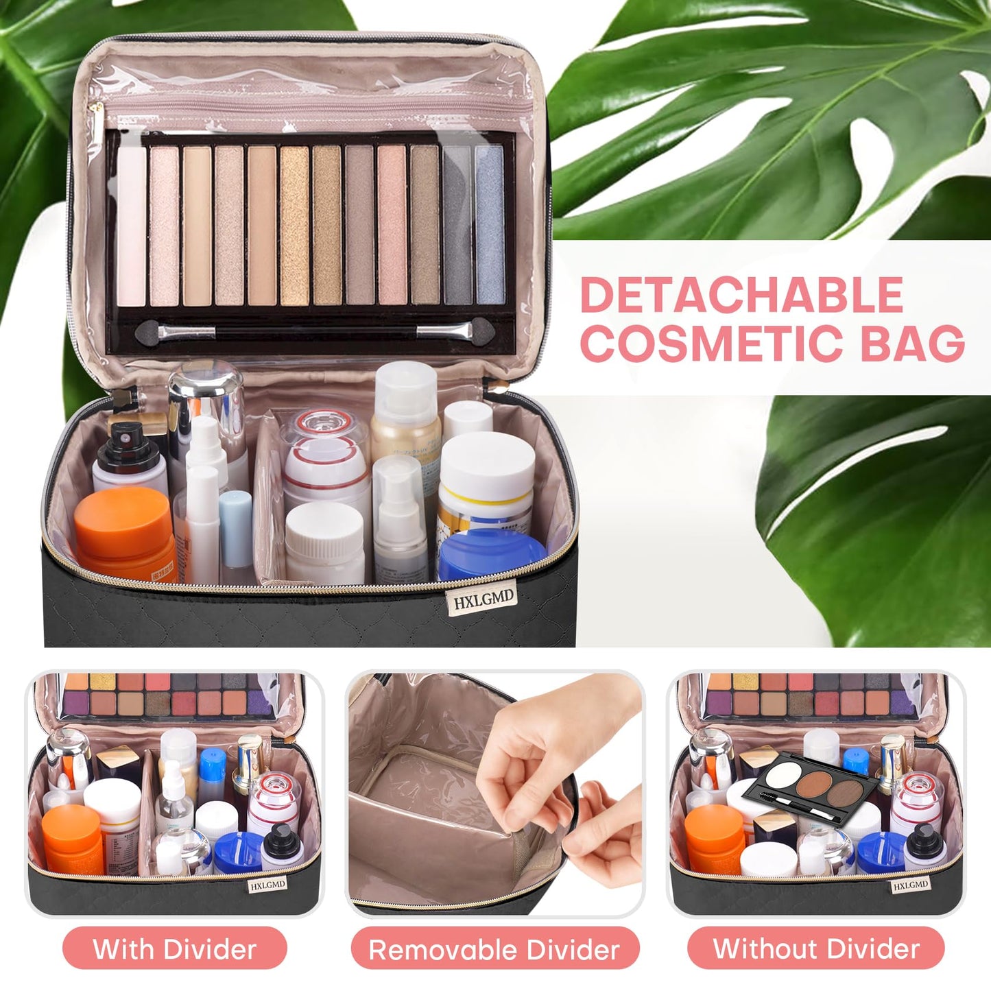 HXLGMD Double Layer Travel Makeup Bag Women, Cosmetic Organizer Case, Travel Essentials Accessories with Shoulder Strap for Bottles, Brushes, Conditioner, Skin Care Products, Black