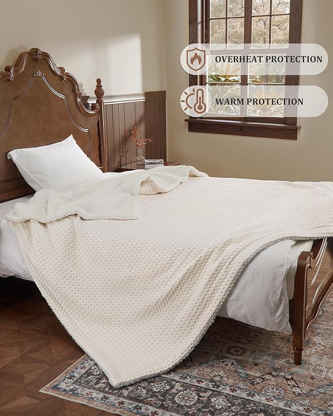 CAROMIO Heated Blanket Full Size, Waffle Weave Electric Blanket Throw with LCD Controller, Fast Heating, 10 Heat Levels & 1-12H Time Settings, ETL Certified, Machine Washable, Beige, 72" x 84"