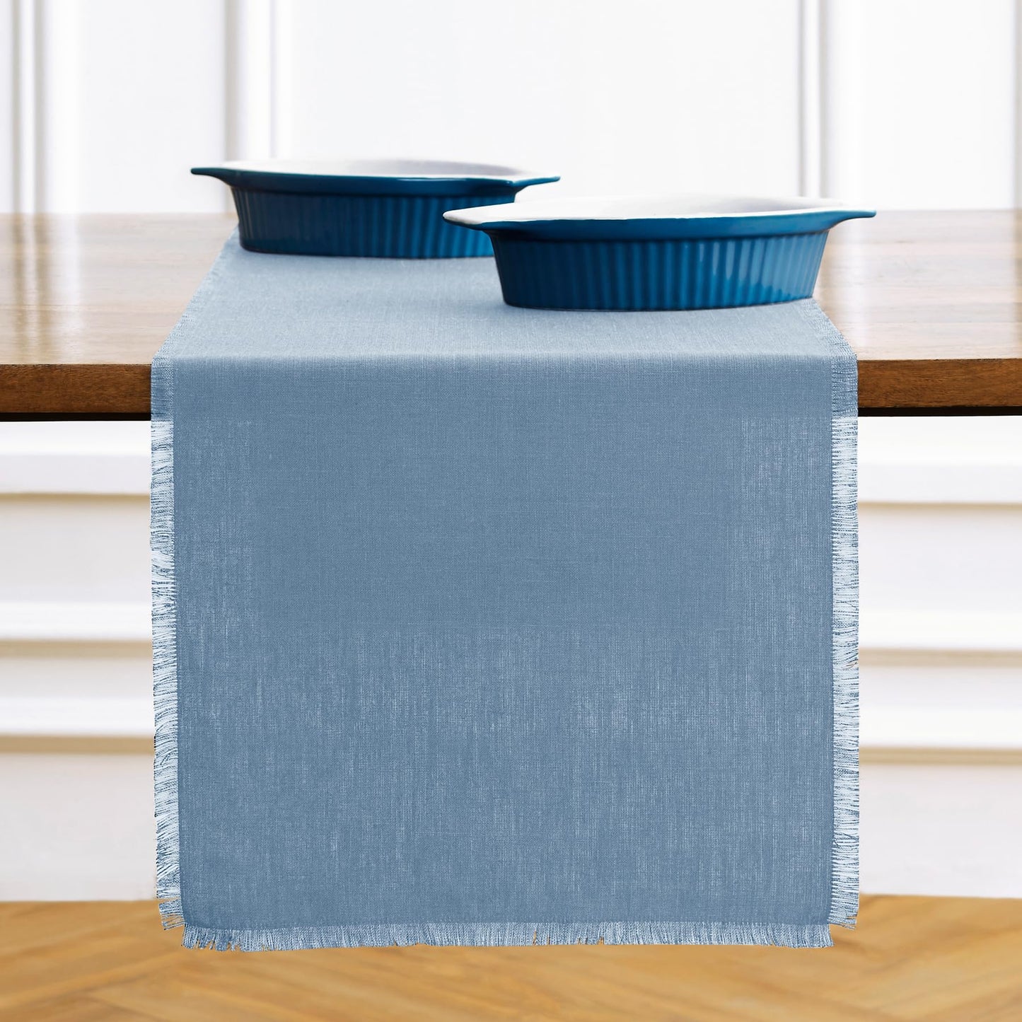 Solino Home Linen Dusty Chambray Blue Table Runner 108 Inches Long - Fringe, 100% Pure Linen 14 x 108 Inch Table Runner for Summer
