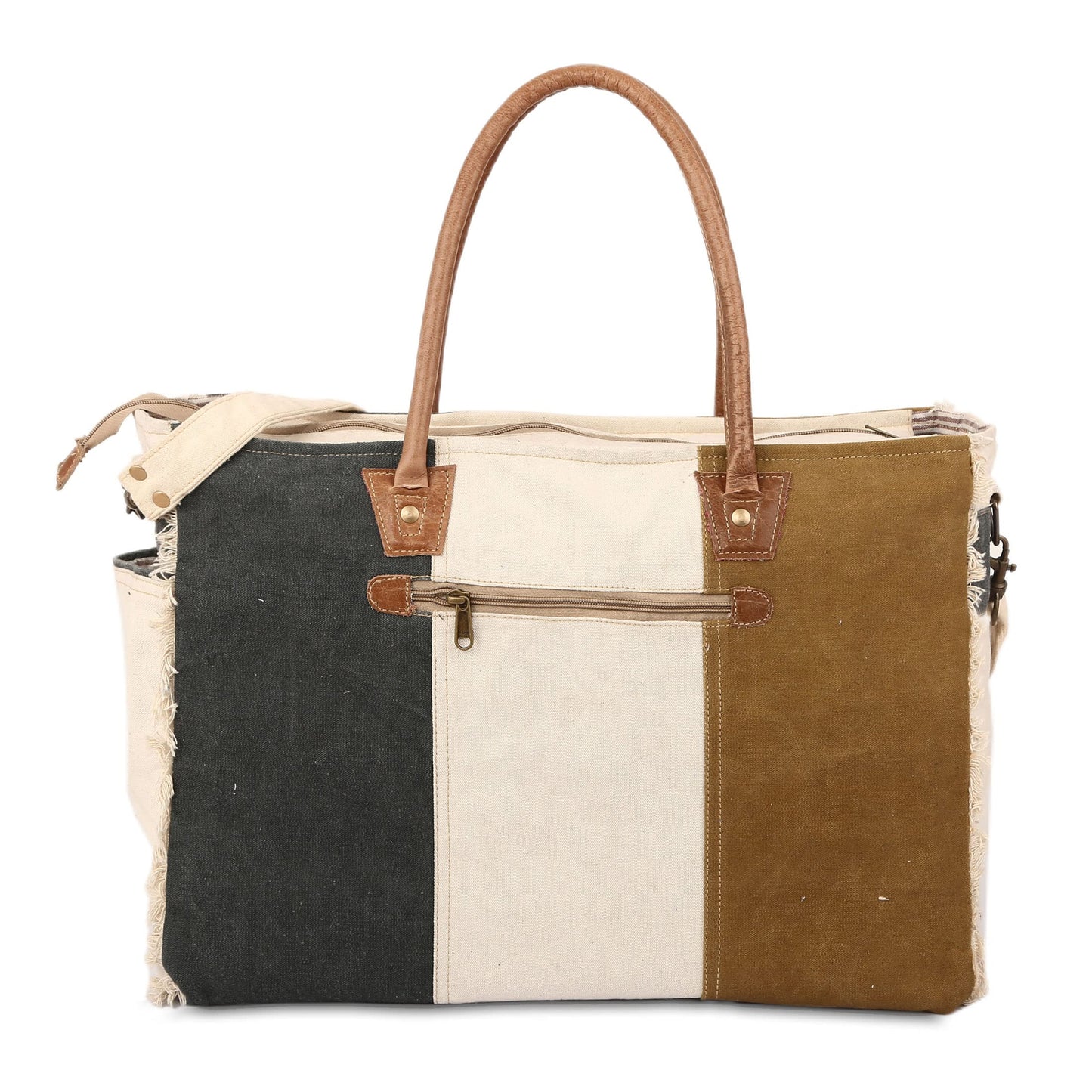 Sel De Mer Upcycled Canvas and leather Hand Bag Cowhide Tote Bag shopping bag carry on leather bag (White)
