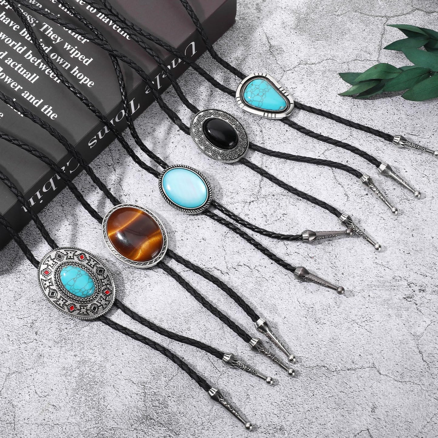 Suohheh 5 Pcs Bolo Tie for Men Women, Handmade Leather Adjustable Western Cowboy Necktie With Natural Tiger Eye Turquoise Black Agate Stone, Vintage Bolo Necklace Halloween Costume Accessories