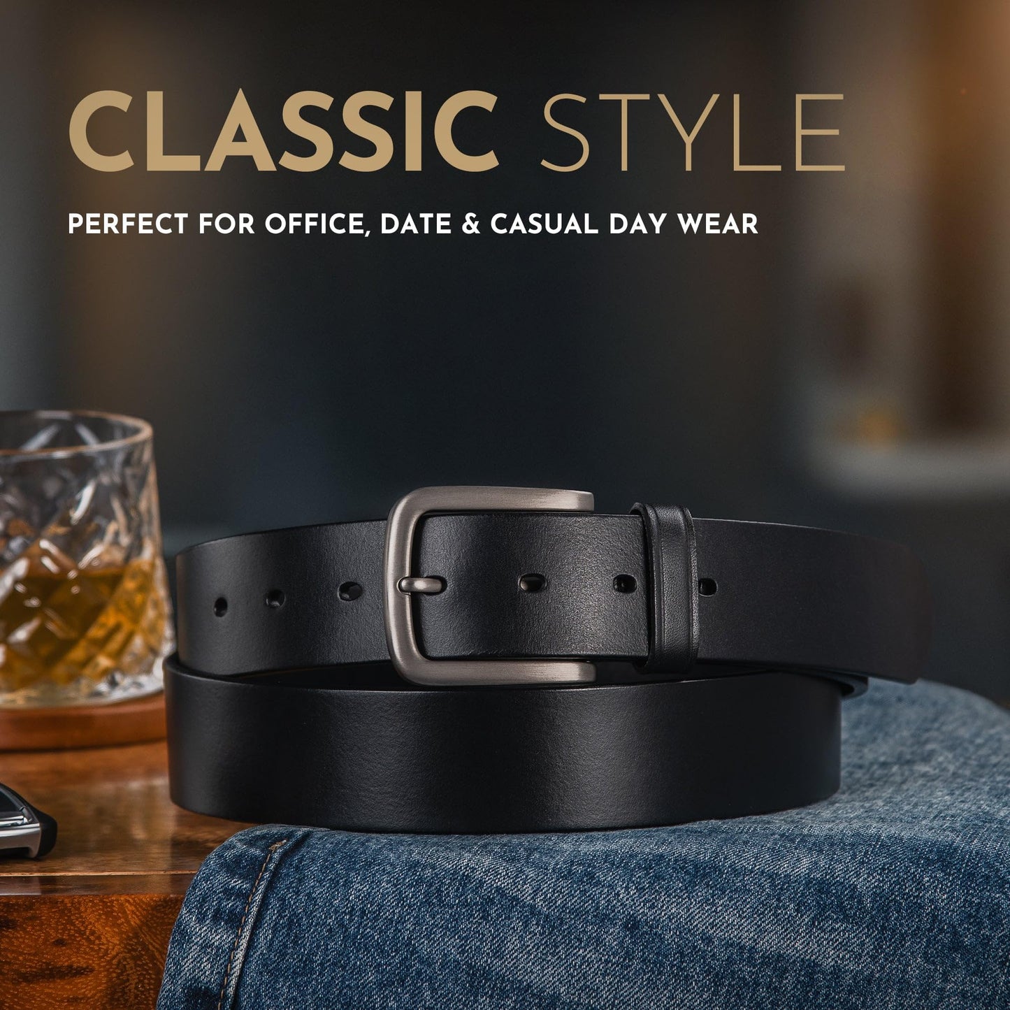 Buffway Men's Leather Belt,1.5" Handcrafted Top-Grain Leather – Durable,Comfortable,Suitable for Everyday Formal & Casual Wear - Size 38" Black
