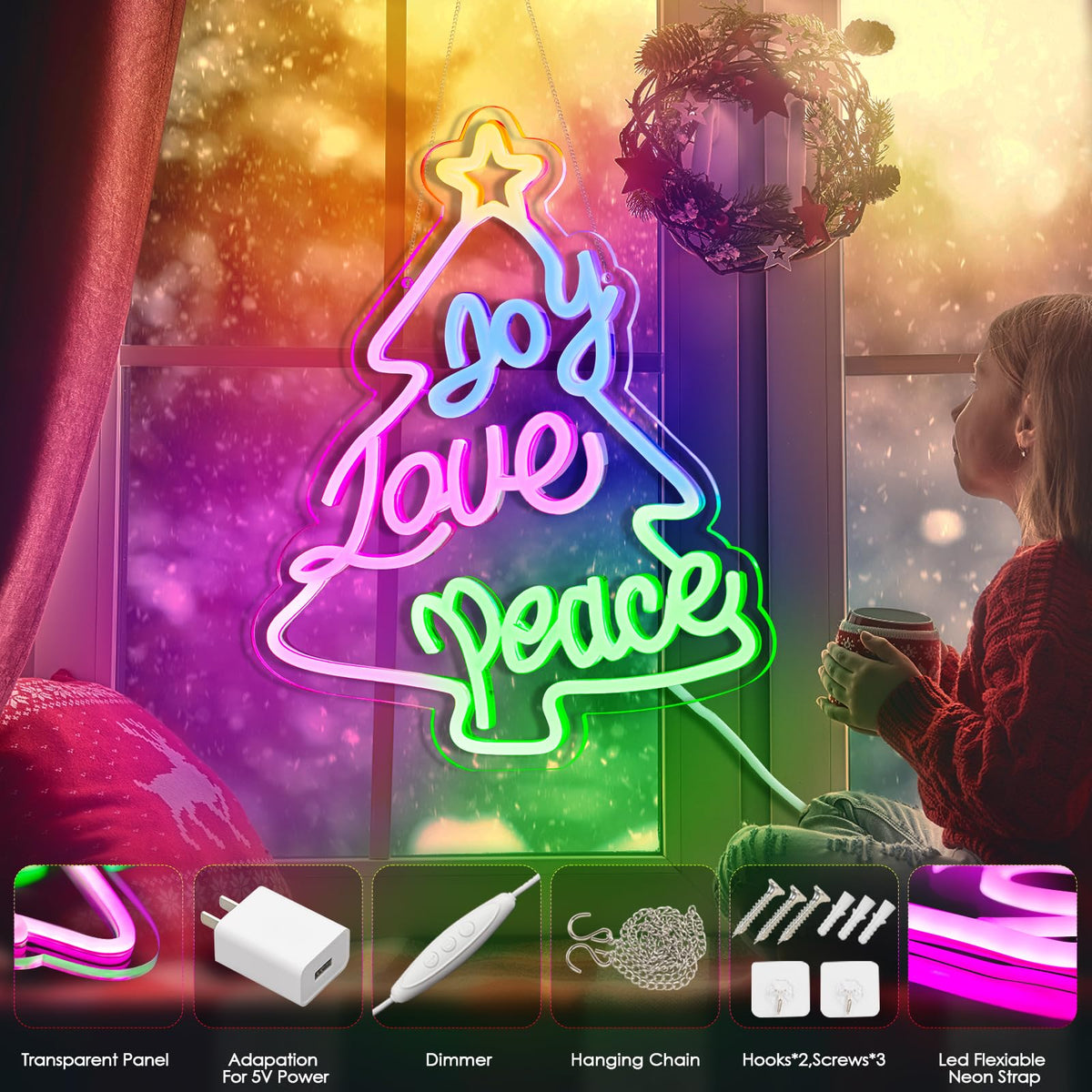 KHK JOY LOVE PEACE Neon Sign CHRISTMAS TREES Led Neon Pink Lights for Bedroom Led Sign USB Powered for Wall Decor Dimmable for Christmas Thanksgiving Birthday Party Girls Gifts
