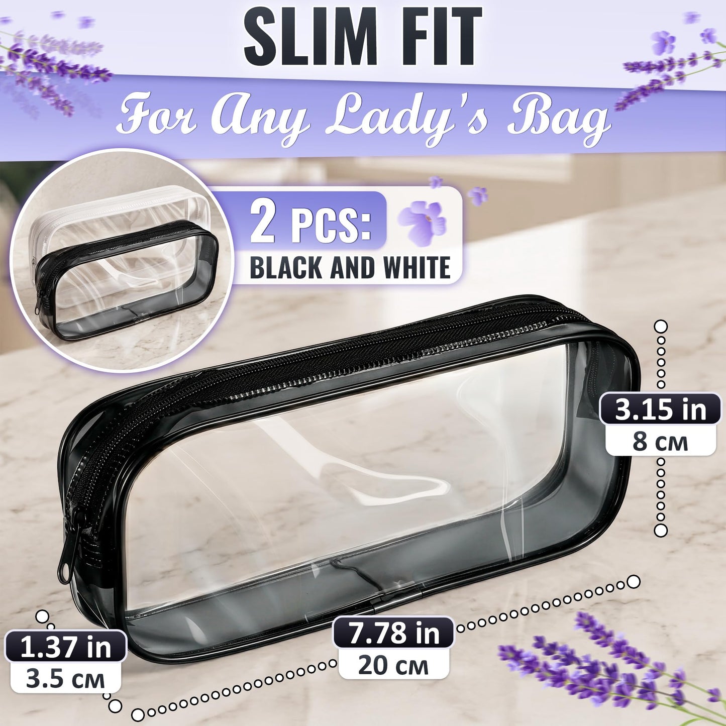 Small Makeup Bag for Purse 7.78" x 3.15" x 1.37" – 2 Pcs Clear Makeup Bags with Zipper – Waterproof Plastic Cosmetic Pouch, Compact Storage for Travel, Daily Organization, and On-the-Go Essentials