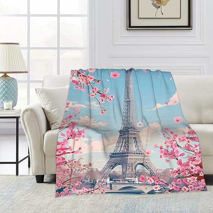 Blanket Eiffel Tower Lightweight Soft Throw Blanket for Girls Teens Women, Cherry Blossoms Fuzzy Blanket Home Room Decor 50x60 Inches