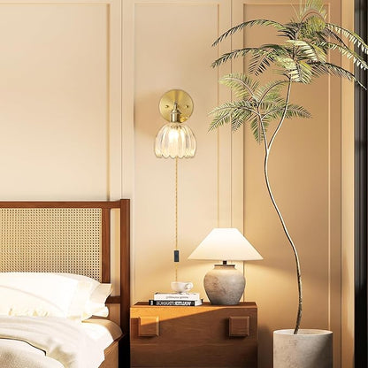 Plug in Wall Sconces Set of 2, Vintage Wall Sconce with Tulip Transparent Glass Lampshade, 180° Adjustable Wall Sconce with Switch and Plug in Wall Lamp Cord, Gold Wall Light Wall Decor Set of 2