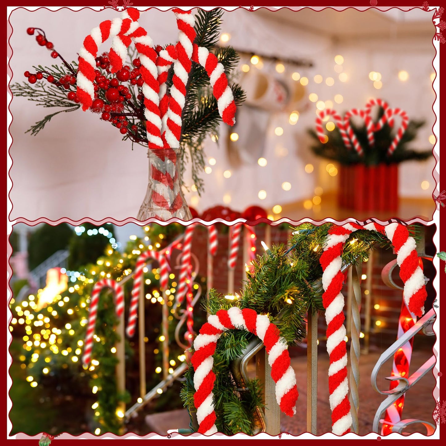 Leinuosen 8 Pcs 16'' Christmas Giant Candy Cane Ornaments Large Red and White Woolen Candy Cane Tree Decor Peppermint Stick Christmas Hanging Decorations for Xmas Holiday Party Supplies DIY Crafts