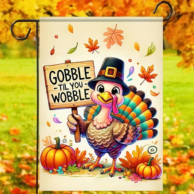 Thanksgiving Turkey Garden Flag 12x18 Inch – Gobble Til You Wobble Fall Pumpkin Banner Double Sided Autumn Outdoor Yard Decoration for Harvest Porch and Lawn
