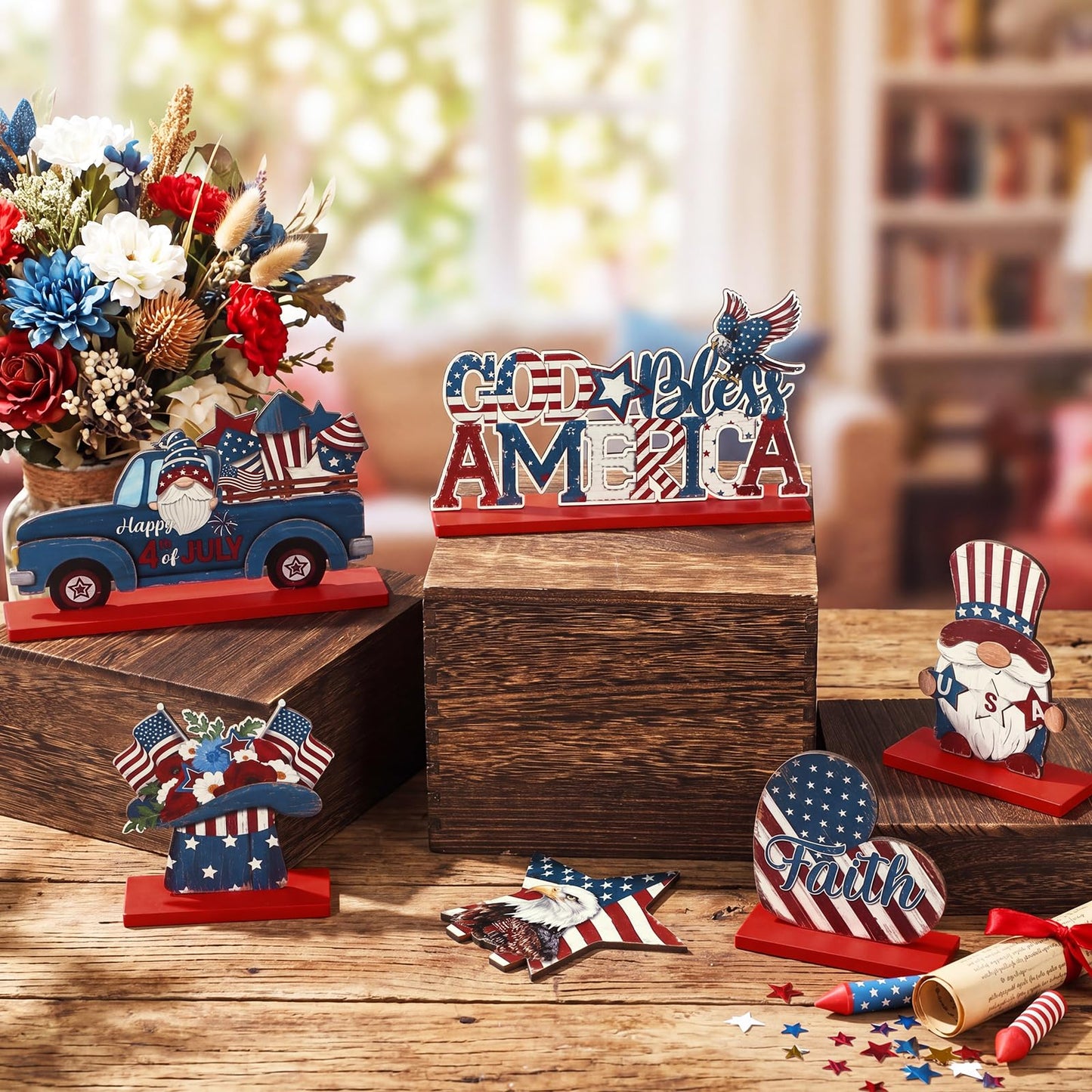 Qunclay 6 Pcs Patriotic Table Decor - Wooden Gnome Freedom Truck Star 4th of July Table Signs for Veterans Independence Day Topper Decor Memorial Day Decorations Supplies