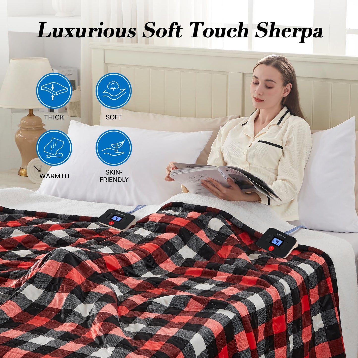 Westinghouse Heated Throw Blanket, Flower Jacquard Electric Blanket Throw with 6 Heating Levels and 2-10 Hours Auto-Off, Flannel to Sherpa Super Cozy Heated Blanket, Machine Washable (50" x 60" Beige)