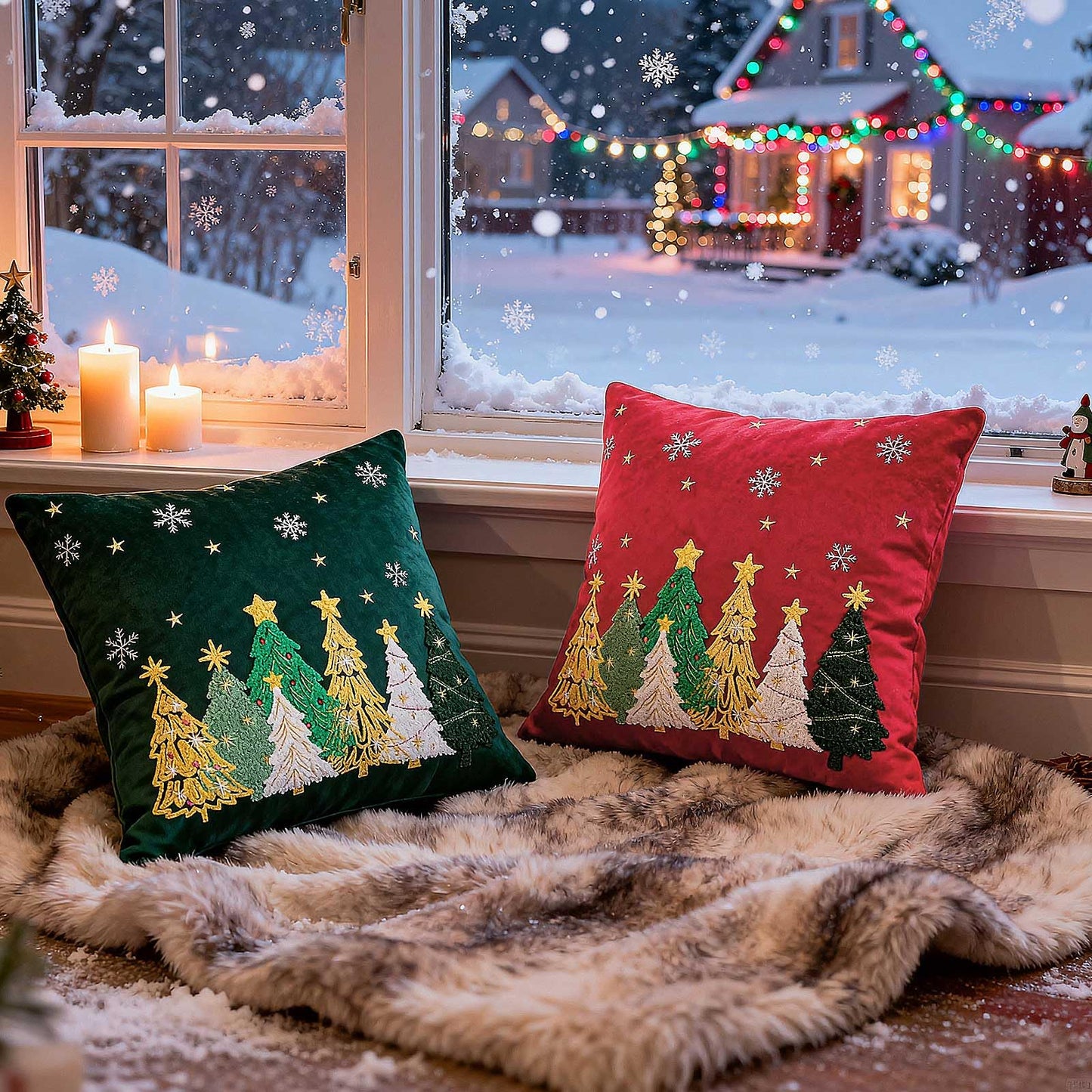 Lanpn 16x16 Christmas Pillow Covers Set of 2, Embroidery Cute Christmas Tree Decorative Holiday Pillowcase Pillow Case Cushion 16 x 16 for Indoor Home Bedroom Sofa Couch Xmas Decor