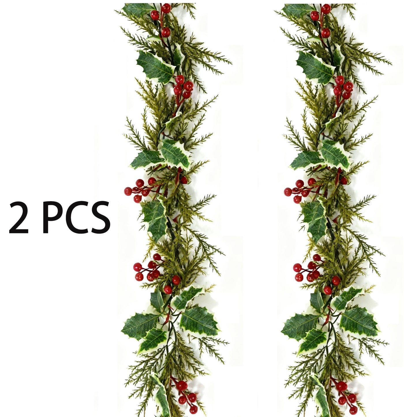2Pcs 5.7Ft Artificial Christmas Garlands, Red Berry Greenery Leaves Xmas Garland for Mantel Fireplace Holiday Winter Xmas Decor