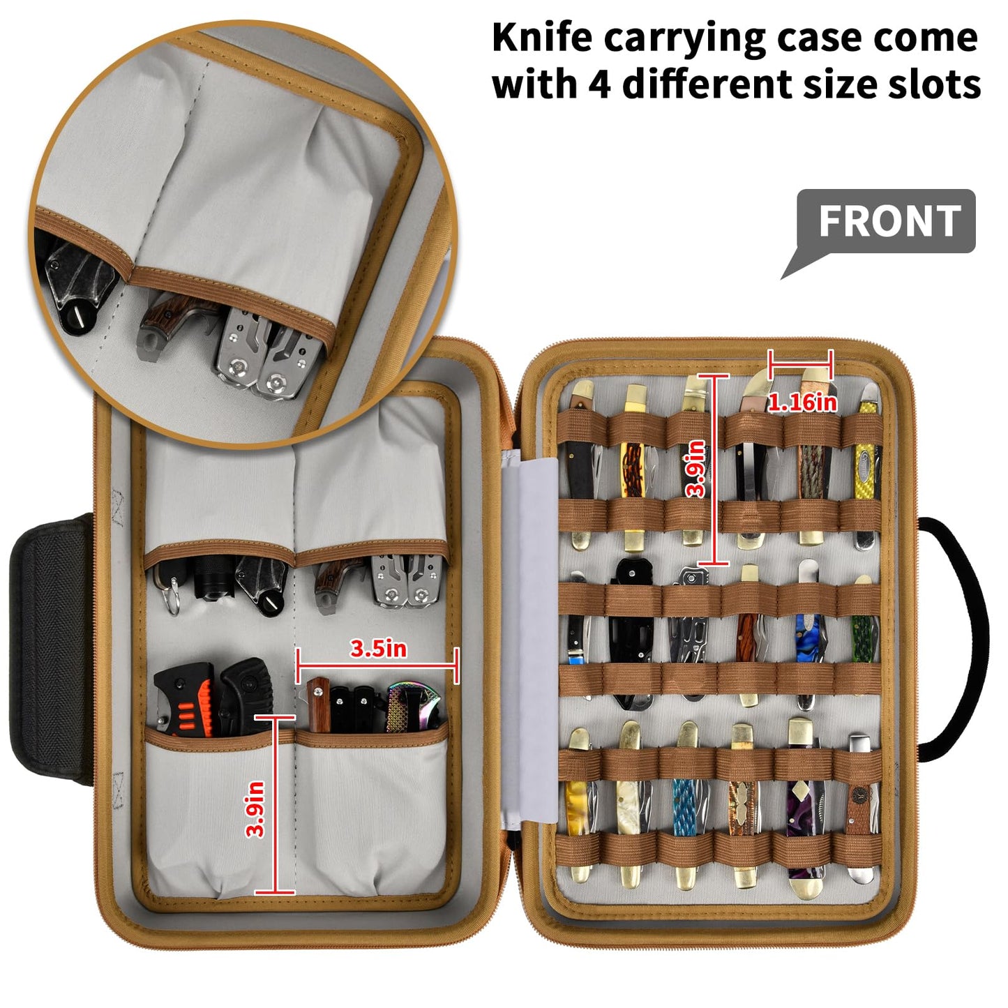 ANKHOH Knife Display Case for 56+ Pocket Knives, Collection Storage & Display Holder for Folding, EDC, Tactical, Survival Knives, Portable Carrying Box for Hunting, Camping(Brown)