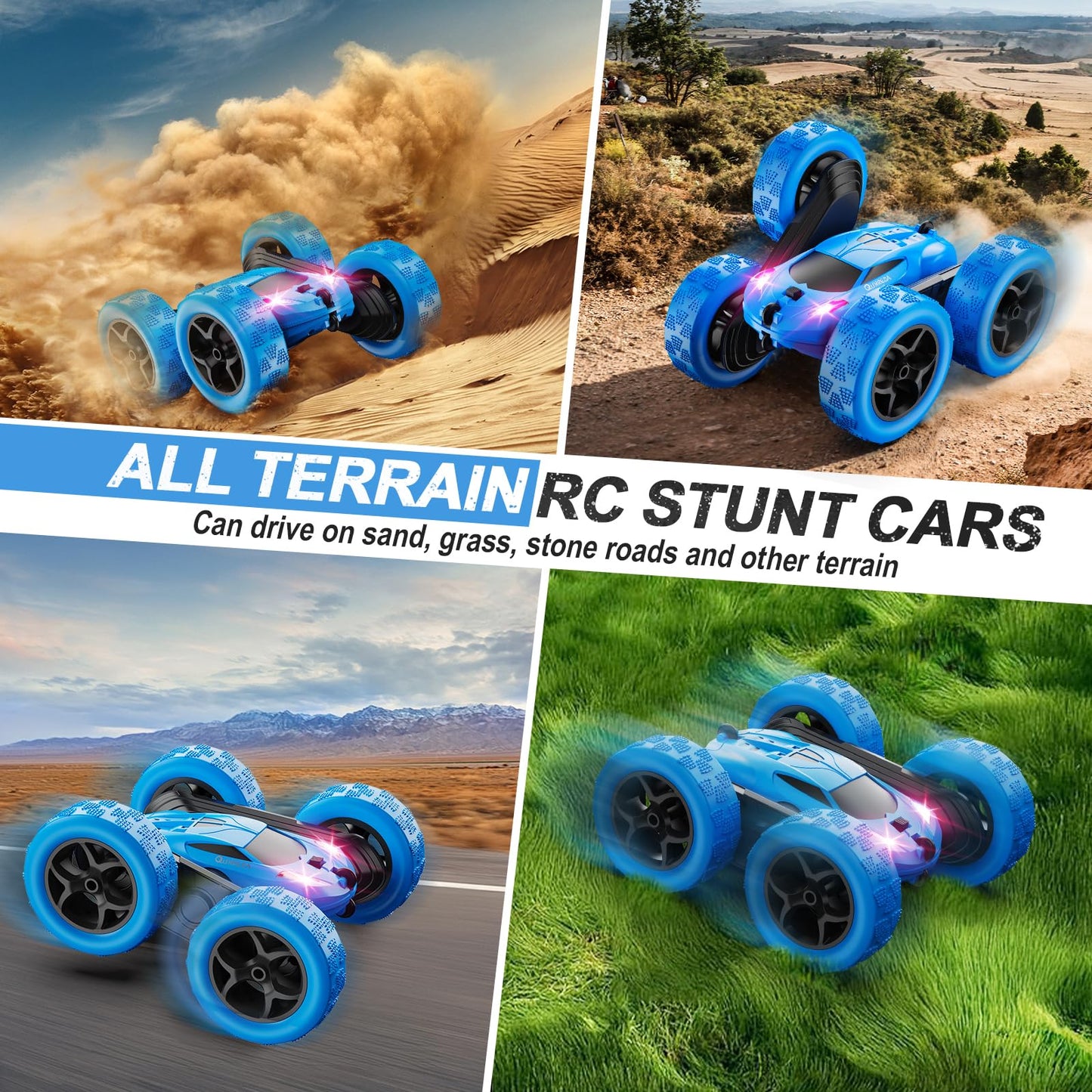 QUNREDA Remote Control Car, RC Cars Toys for Kids Ages 6-12, 4WD Stunt Car with LED Lights & 360° Flips, 2.4GHz, Upgraded USB-C Modular Batteries, 8-10 Year Old Boys Birthday Gift 1-Blue