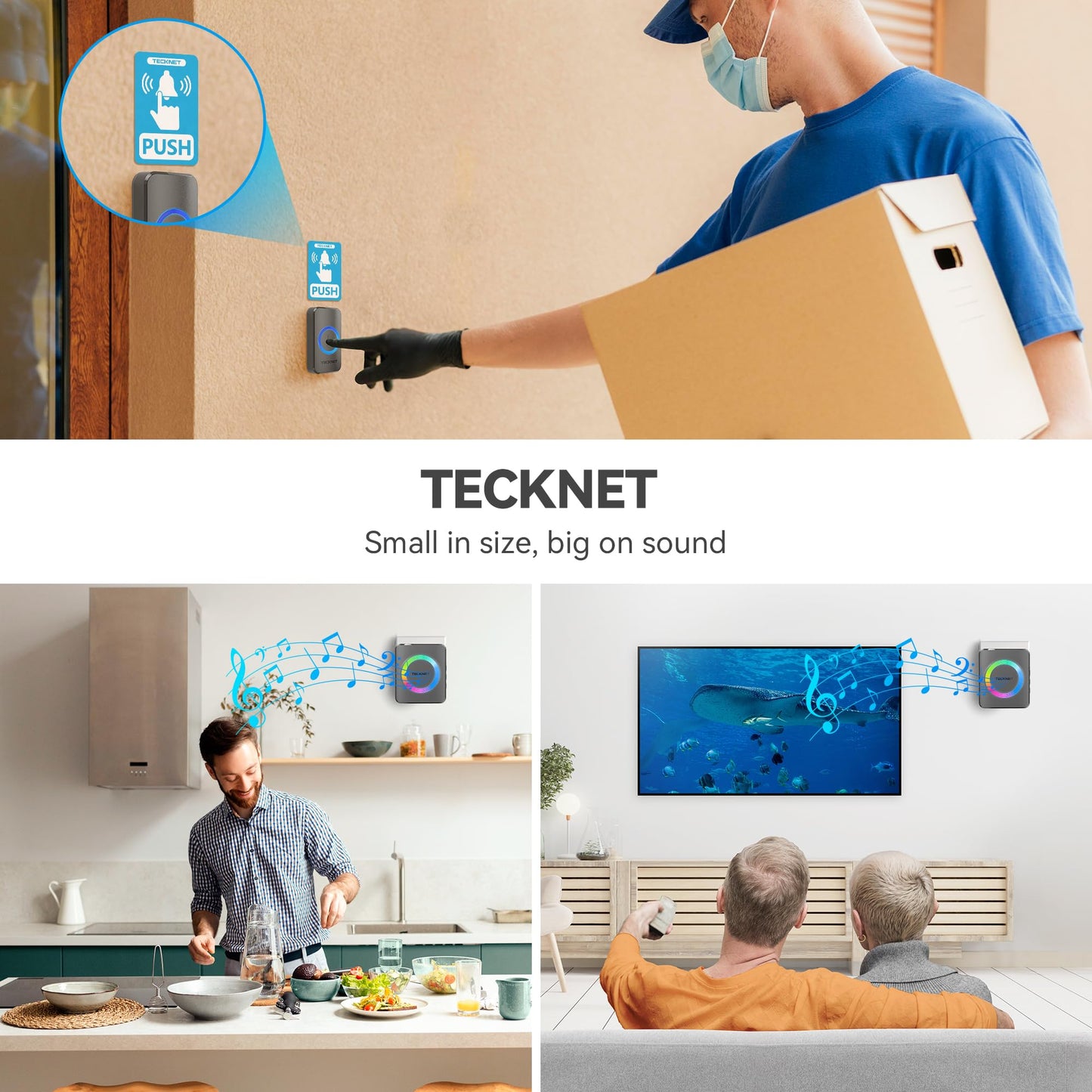 TECKNET Wireless Doorbell, Door Bell 0-120dB, 1300 ft Wireless Range, IP65 Waterproof Classroom Doorbells, 60 Chimes & 5 Volume Levels, RGB Light for Home Kid Room Office Hearing Impaired