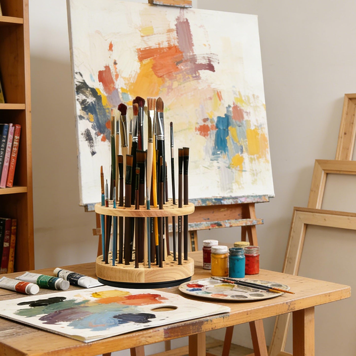 360 Rotating Paint Brush Holder, 52 Holes, Natural Wood