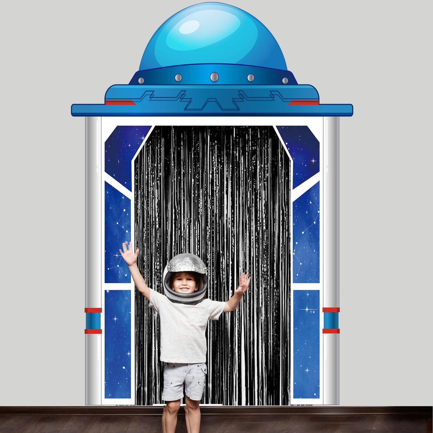 Space Ship Party Porch Banner Outer Space Theme Birthday Door Hanging Backdrop with Foil Fringe Curtains Astronaut Planet Photo Props Rocket Star Background Door Entryway Decor for Classroom Bedroom