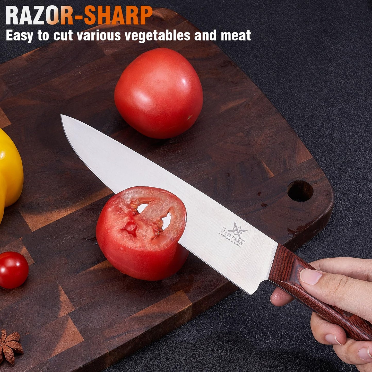 Naitesen 5PCS Professional Kitchen Chef Knife Set with Blade Guards, Wood Handle High Carbon Steel, Sharp for Meat Cutting Home Cooking Gifts for Men Women
