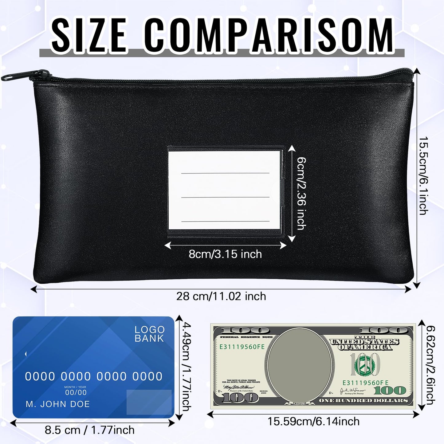 Paterr 6 Pcs Money Bags with Zipper PU Leather Deposit Bank Bag Security Money Pouch Receipt Holder Bank Pouch Wallet with Label for Cash Coin Makeup Cosmetics Bills Tickets, 11 x 6 Inch(Black)