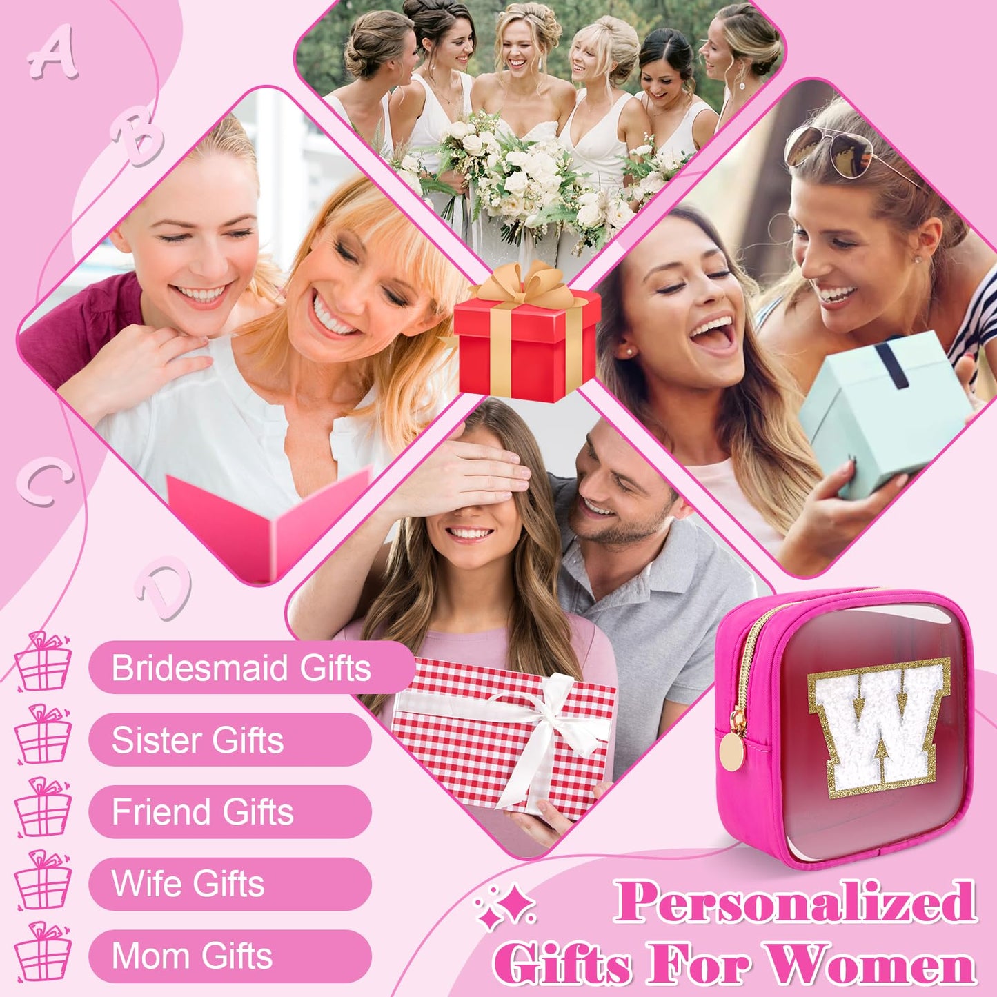 Personalized Initial Letter Clear Preppy Makeup Bag,Mini Nylon Chenille Letter Cosmetic Bag Cute Zipper Pouch Coin Purse for Teen Girls,Portable TSA Approved Travel Essentials Bag Gift for Women,W