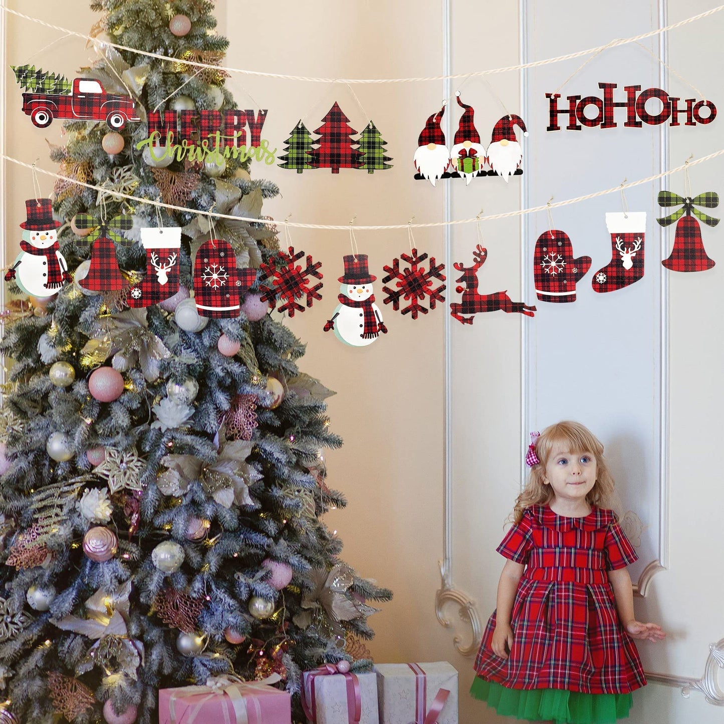 Clearance 18Pcs Christmas Tree Ornaments Buffalo Plaid Merry Christmas Ho Ho Ho Joy Sign Wooden Xmas Red Truck Gnomes Snowflake Snowman Reindeer Bell Sock Glove for Holiday Party Decorations Supplies