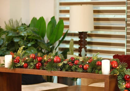 6 Feet Pre-lit Christmas Ornament Fake Pine Garland w 24 Red Balls Real Grapevine Base (30 LED Lights, 8 Flash Options) for Xmas Decor at Shop Home Door Corridor Wall Window Table Cabinet (Battery)