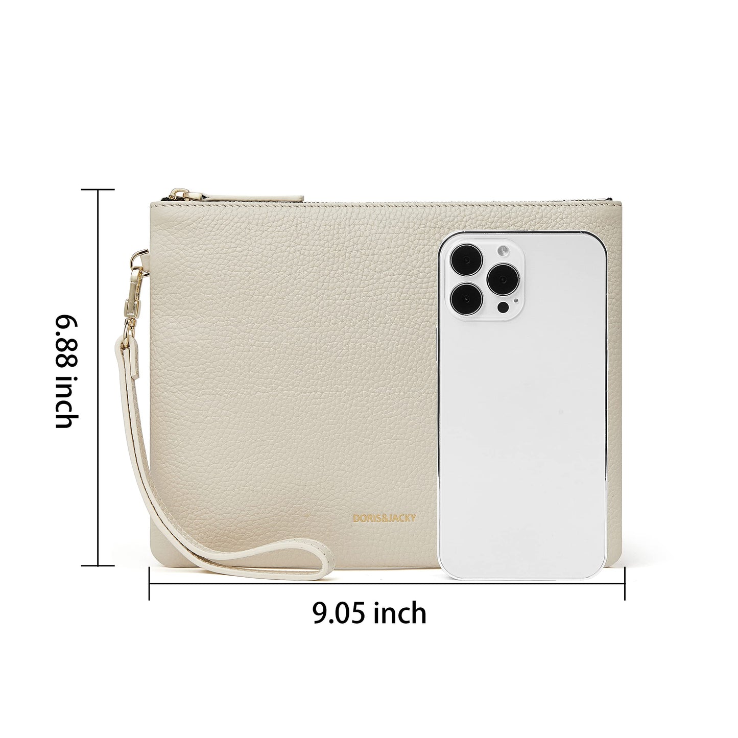 DORIS&JACKY Leather Wristlet Clutch Purse for Women Large Slim Phone Pouch Bag With Detachable Strap (Off White)