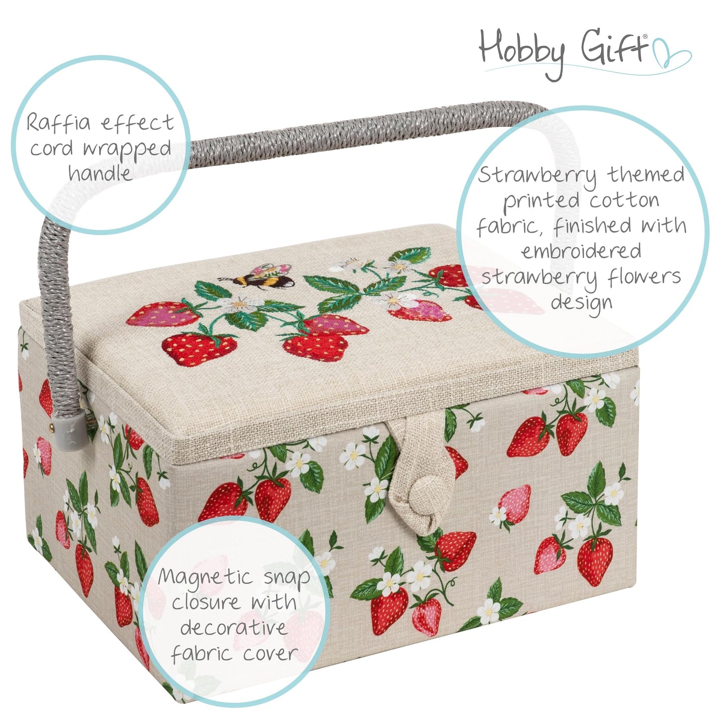 Hobby Gift Medium Sewing Box Organiser, Fabric Covered Storage Box with Handle, Internal Tray, Pin Cushion and Pocket for Sewing, Quilting and Knitting Supplies
