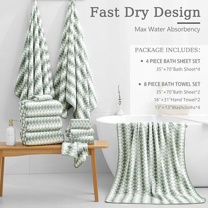 8 Piece Bathroom Towel Set Green |2 Oversized Large Bath Towels Sheet, 2 Hand