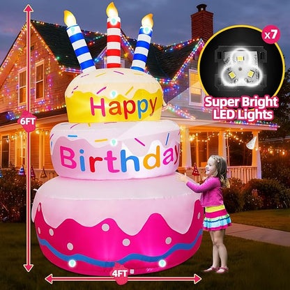 6FT Inflatable Happy Birthday Outdoor Decorations Cake with Candles, Bright LED Lights, Blow Up Yard Decoration with Rotating Colorful Appearance for Outdoor Indoor Birthday Party Garden Lawn