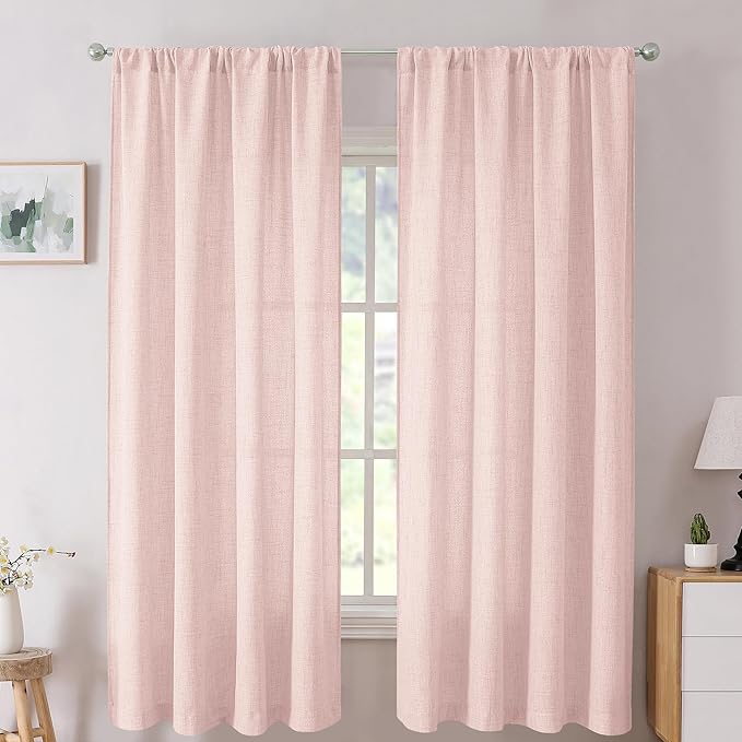 Tollpiz Linen Curtain Bedroom Rod Pocket Semi Sheer Curtains Burlap Light Filtering Thick Linen Drape for Living Room, 54 x 63 inches Long, Pink, Set of 2 Panels