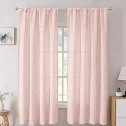 Tollpiz Linen Curtain Bedroom Rod Pocket Semi Sheer Curtains Burlap Light Filtering Thick Linen Drape for Living Room, 54 x 63 inches Long, Pink, Set of 2 Panels