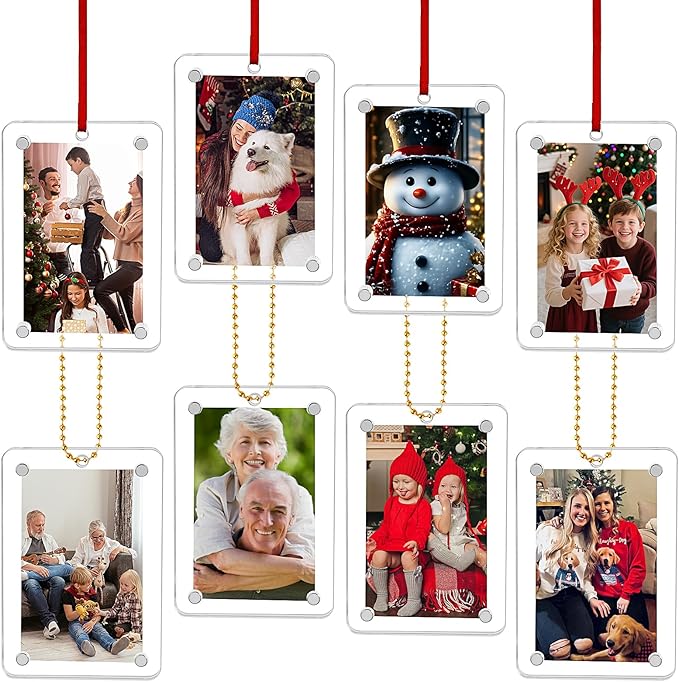 Christmas Photo Ornament Set of 4, 2x3 Inch Clear Acrylic Hanging Picture Frame for Family Photo, Christmas Tree, Holiday Decoration, Multifunctional Magnetic Picture Frames for Car and Fridge Decor