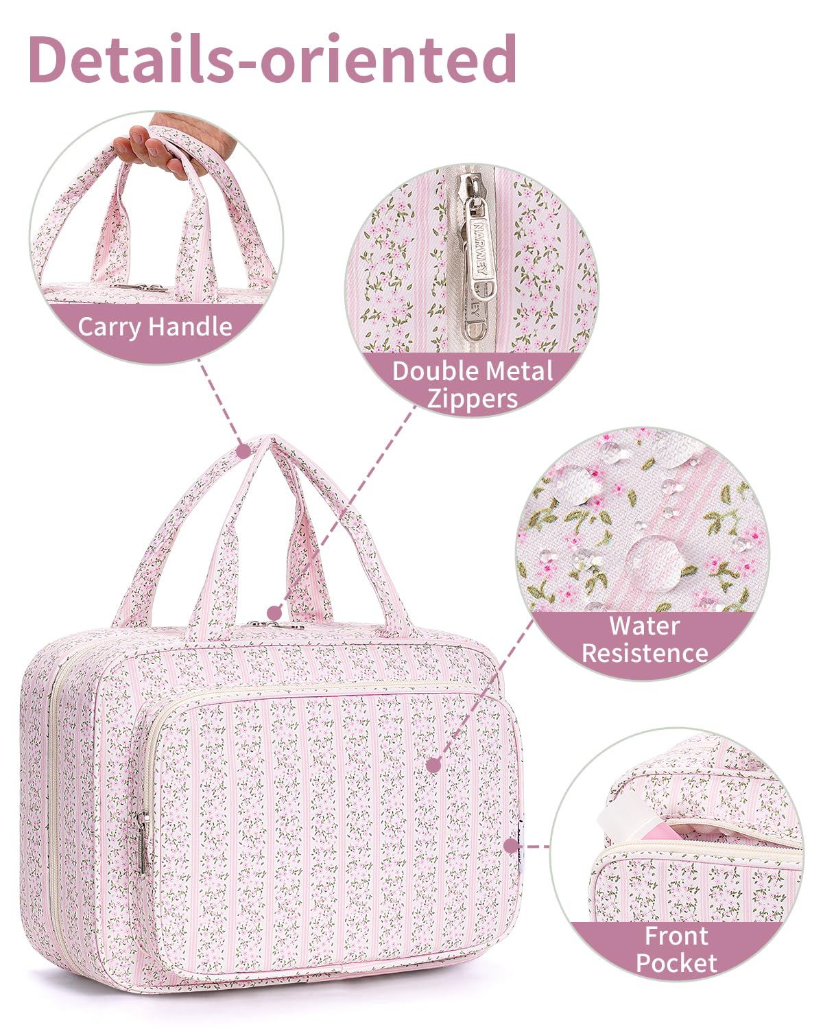 Narwey Travel Toiletry Bag for Women Large Hanging Makeup Bag Organizer Toiletries Bag for Full Size Essentials Accessories Cosmetics (Pink Flower Buds (Large))