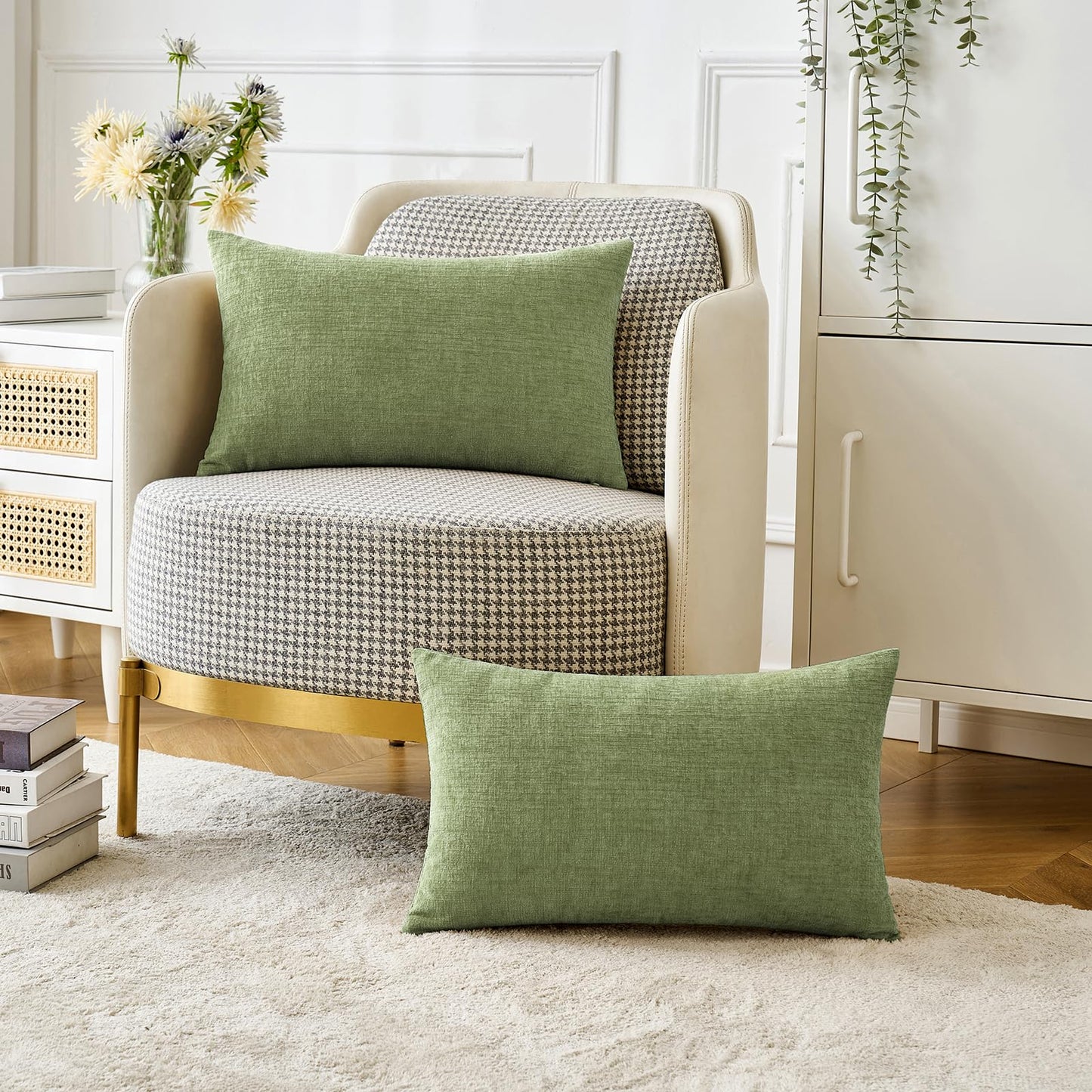 MIULEE Pack of 2 Couch Throw Pillow Covers 12x20 Inch Spring Soft Sage Green Chenille Lumbar Pillow Covers for Sofa Living Room Solid Dyed Cases