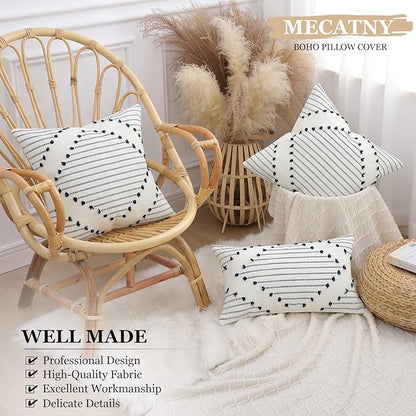 Mecatny Boho Outdoor Throw Pillow Covers 20X20 Set of 2, Farmhouse Decorative Pillow Covers for Couch Sofa Living Room, Navy & Cream White
