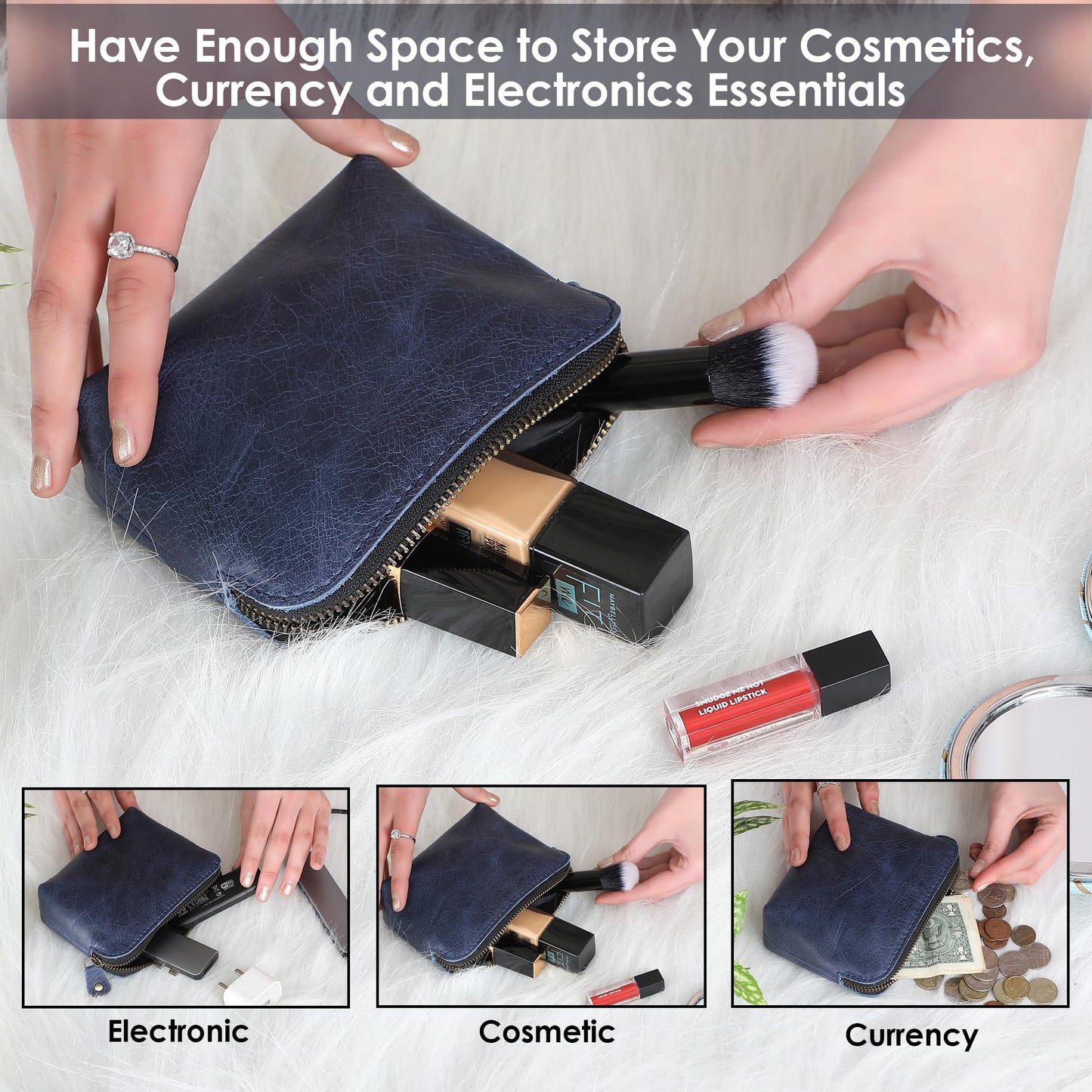 TheAntiq Full Grain Leather Cosmetic Bag – Zippered Makeup Pouch for Women, Small Travel Toiletry & Organizer Pouch for Purse, Premium Handmade Leather (5 × 4 × 2.5 in)