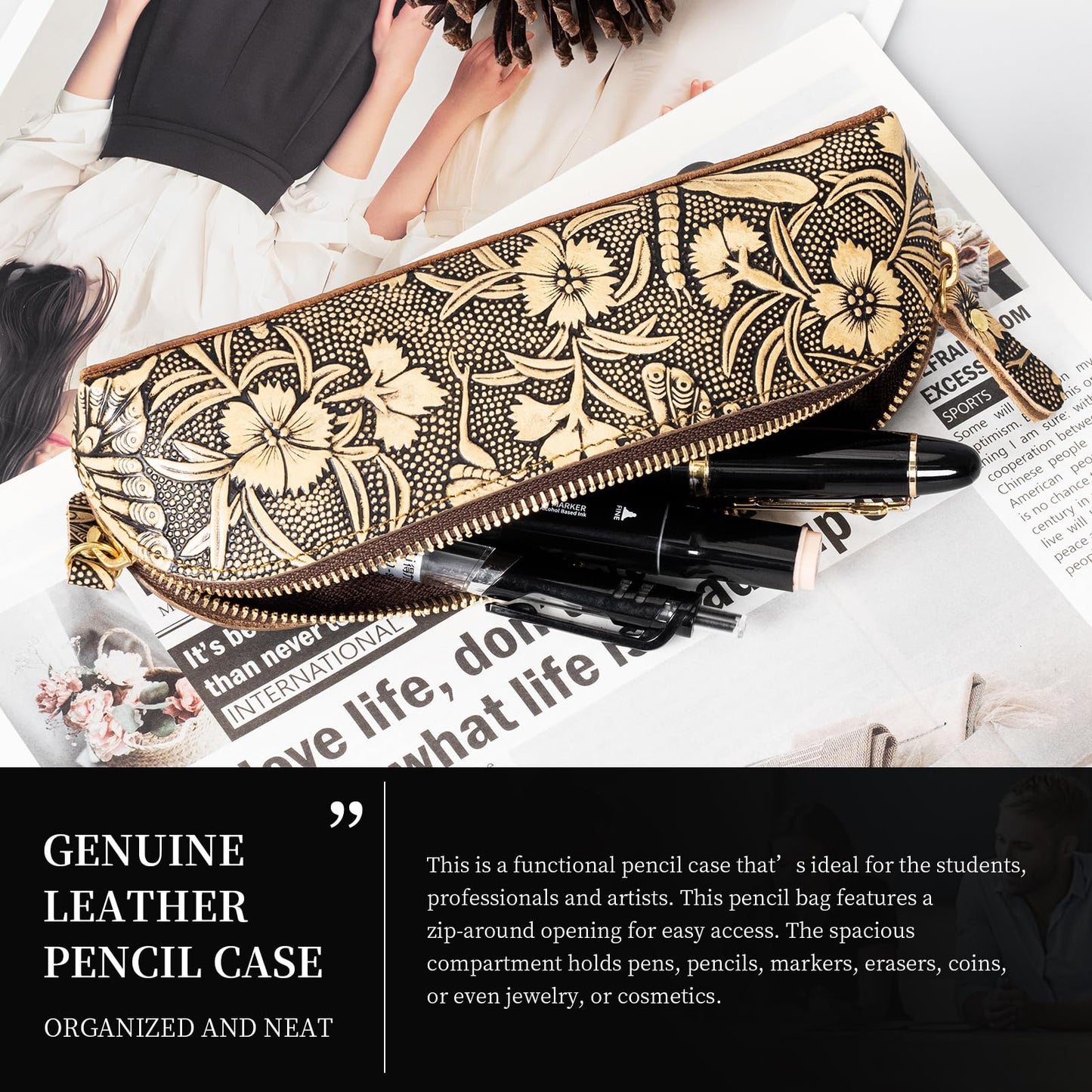 Gexmil Genuine Leather Pen Case, Full Grain Leather Pencil Holder, Hand-made Stationery Bag for Work & Office, Vintage Style, Butterfly Grey