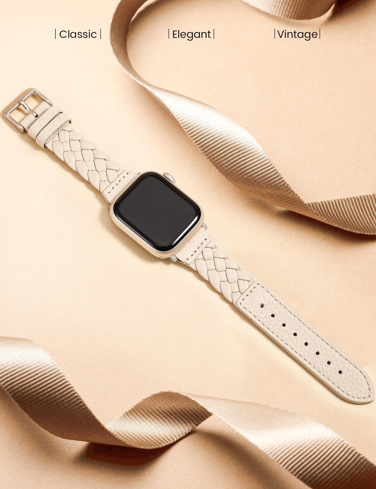 TOYOUTHS Braided Leather Strap Compatible with Apple Watch Band Women 38/40/41/42mm Soft Thin Leather Cute Dressy Designer Handwoven Bracelet for iWatch Series 11 10 9 8 7 6 5 4 SE 3 2 1, Starlight
