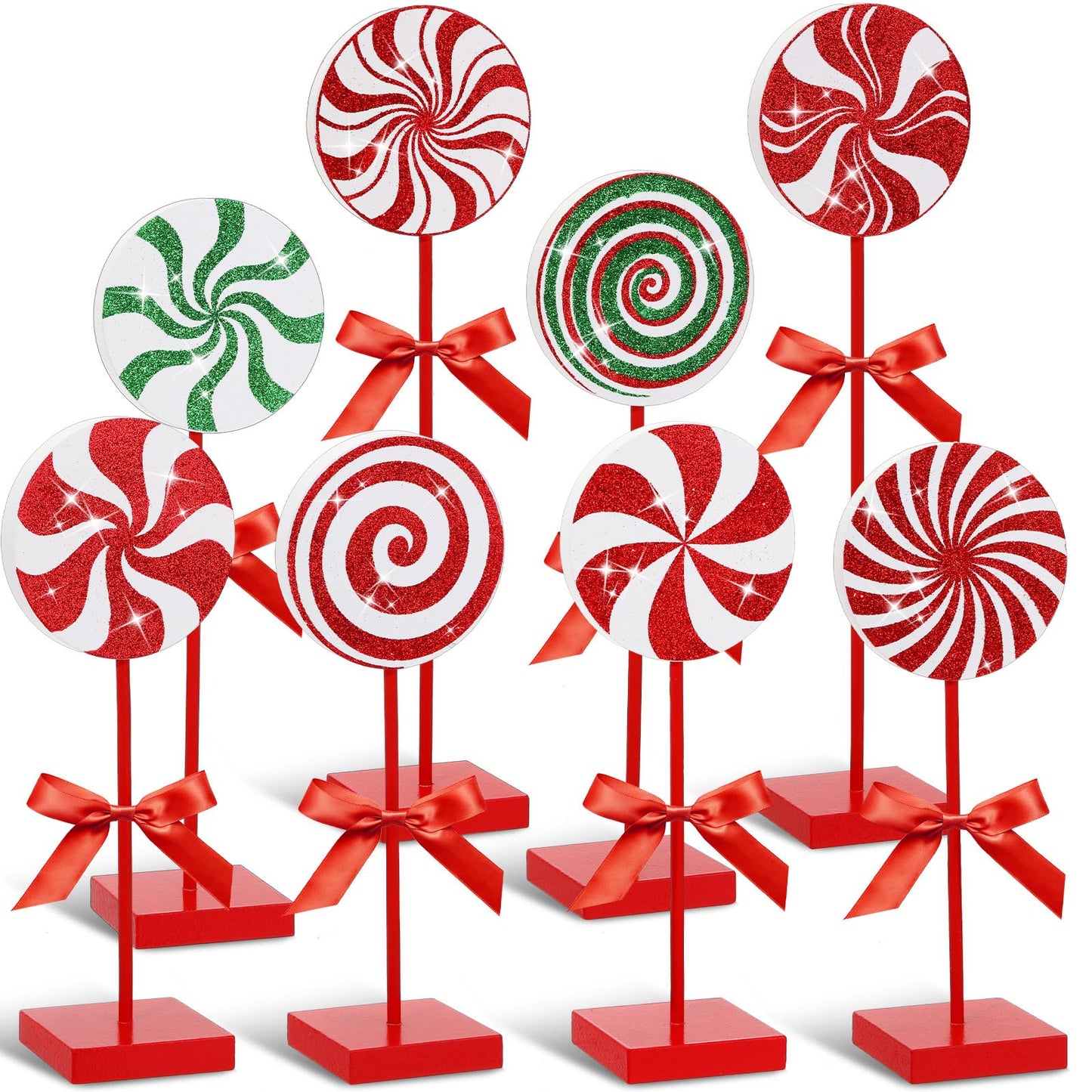 Amyhill 8 Pcs Christmas Candy Wooden Tabletop Decor Glitter Xmas Candy Cane Table Centerpiece Sign for Christmas Tiered Tray Home Desk Office Party Decoration(Cute,Red,Green)
