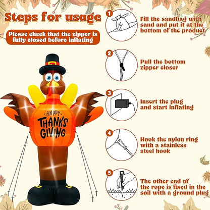 14FT Thanksgiving Turkey Inflatables, Extra Large Blow Up Thanksgiving Turkey Wearing Pumpkins, Pre-lit Happy Thanks Giving Outdoor Inflatable Decorations