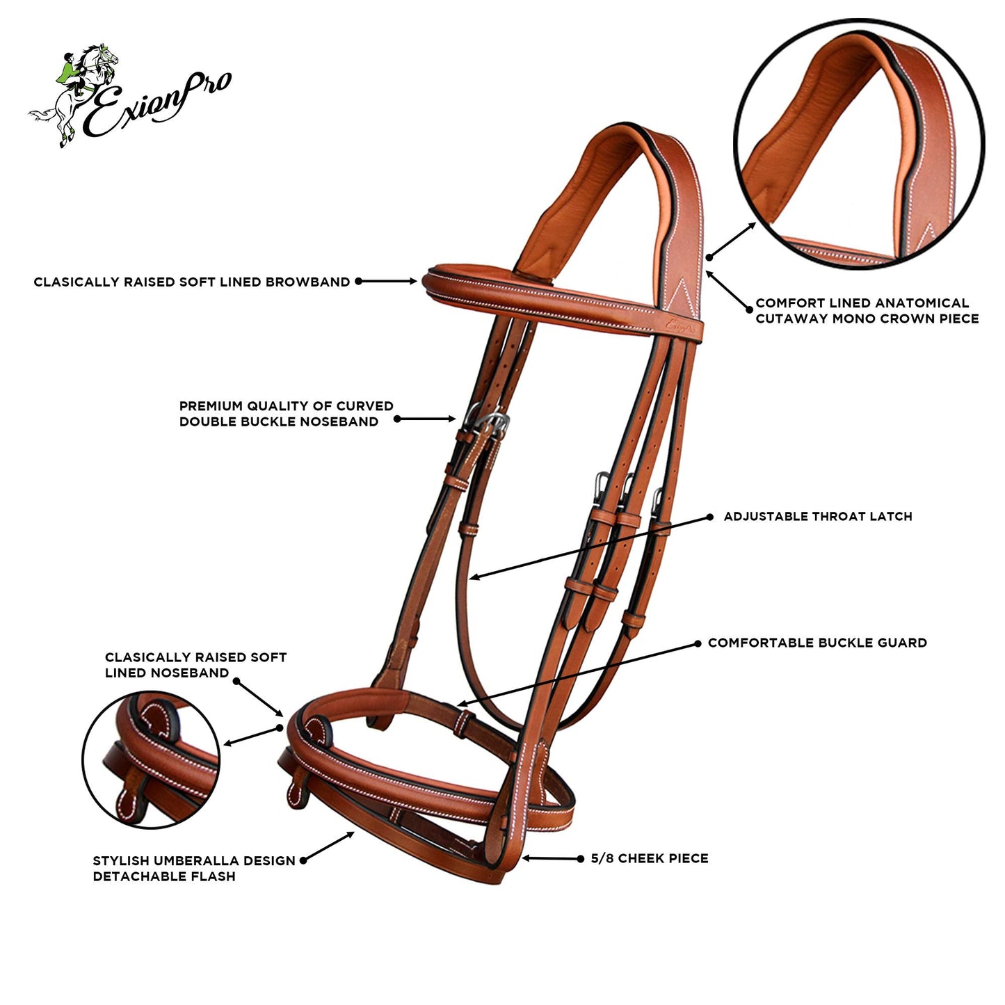 ExionPro English Hunter Jumping Bridle for Horses with Removable Flash Soft Yet Strong Rubber Reins | Royal Hunter Bridle | English Bridle for Horses (Conker, Cob)