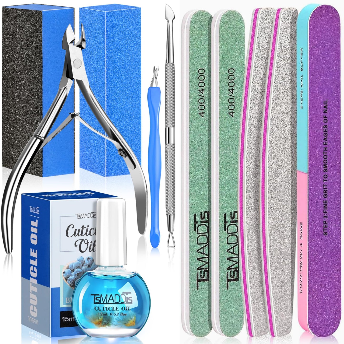 TsMADDTs Manicure Tools Kit Nail Care Kit with 3PCS Files, 2PCS Buffer Blocks, 2PCS Polishing Buffers, Cuticle Nipper, Pusher and Cuticle Oil