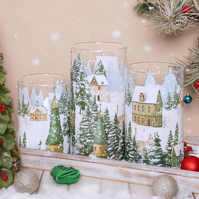 Christmas Flickering Flameless Candles Village House Decor Glass Real Wax LED Battery Operated Pillar Candle with Remote Timer Christmas Church Decorations for Home Party, Winter Holiday DIY, Gifts