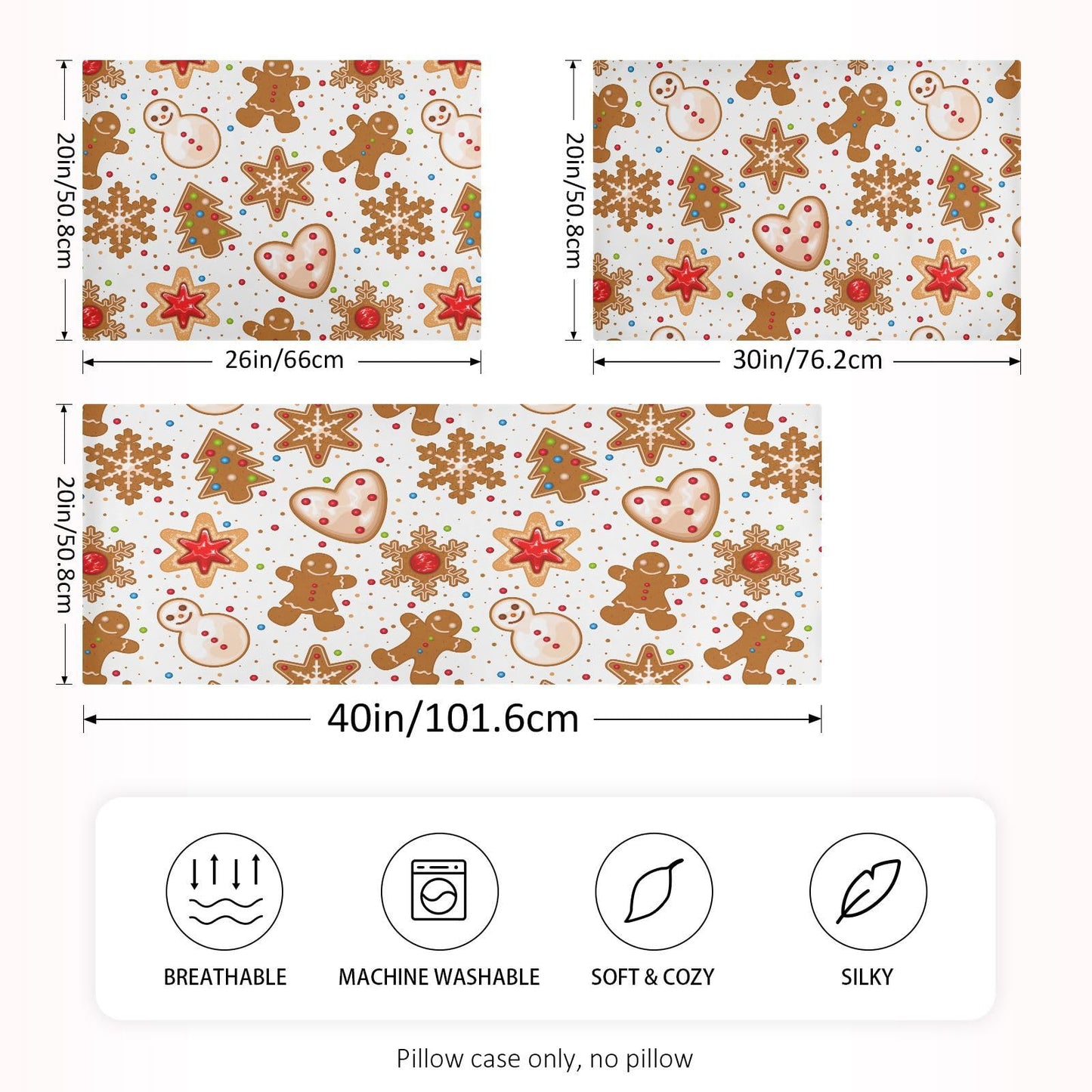 Dalzium Christmas Satin Pillowcase for Hair and Skin Gingerbread Cookies Silk Pillow Case Soft and Cozy Body Pillow Covers Standard Size with Envelope Closure