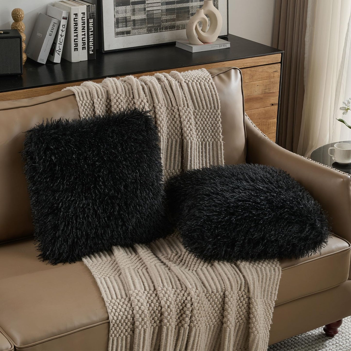 FUTEI Pack of 2 Shaggy Mongolian Faux Wool Throw Pillow Covers 18x18 Inch Soft Fluffy Farmhouse Decorative Cushion Case for Couch Bed Living Room, Black