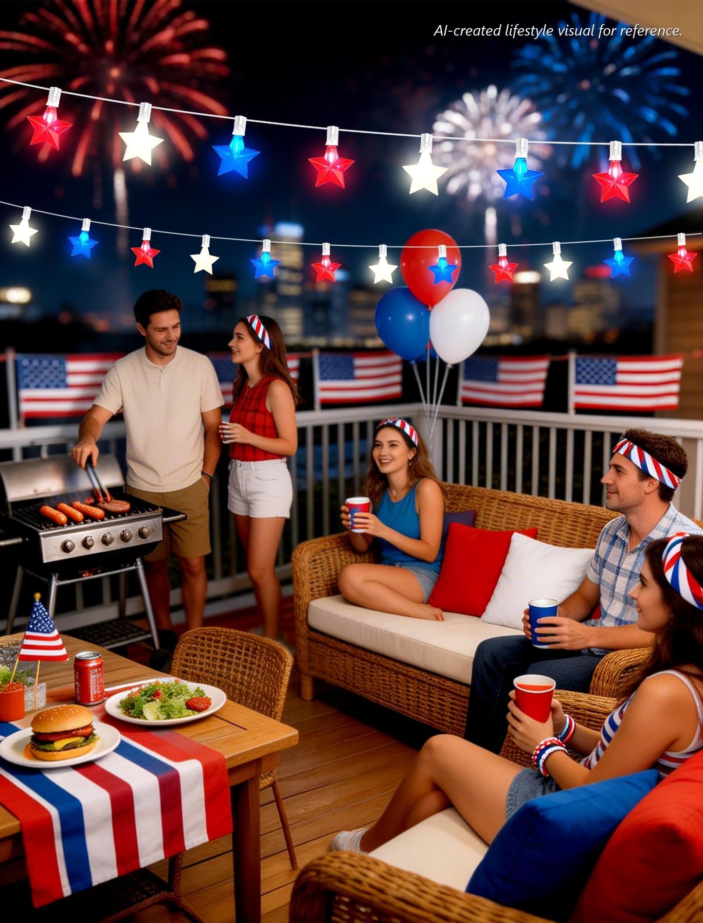 Adirxon 50FT 25-Light Patriotic Star String Lights, Red White and Blue LED Star Lights with White Wire, IP44 Water-Resistant 4th of July Decorations for Independence Day, Patio and Party Décor